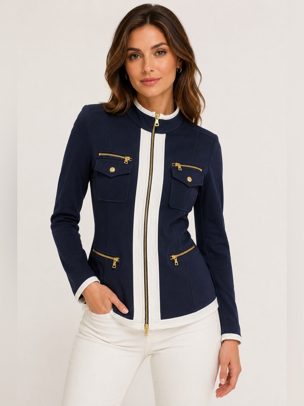 Boston Proper Navy Blue Utility Jacket with Gold Zippers & Pockets Size S